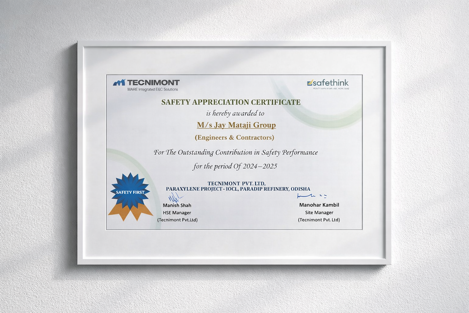 Safety Appreciation Certificate - Tecnimont